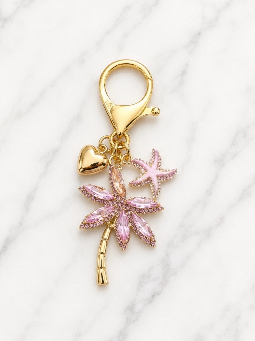 Pink Rhinestone Palm Tree Bag Charm/Keycharm with Starfish and Heart Accents